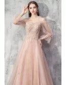 Beautiful Long Pink Beaded Prom Dress With Tulle Bubble Sleeves