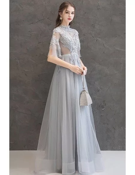 Long Grey Luxe Beaded Tulle Prom Dress With Sheer Flare Sleeves