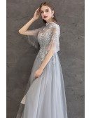Long Grey Luxe Beaded Tulle Prom Dress With Sheer Flare Sleeves