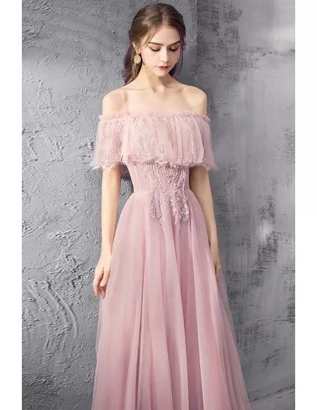 Fairy Long Tulle Off Shoulder Pink Prom Dress With Lace