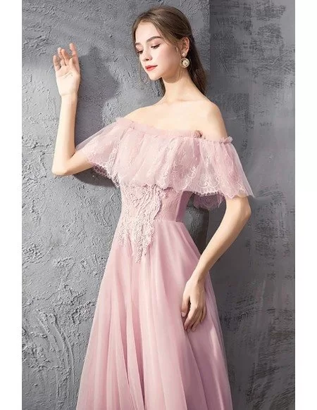 Fairy Long Tulle Off Shoulder Pink Prom Dress With Lace