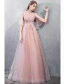 Gorgeous Beaded Pink Long Prom Dress Tulle With Flare Sleeves Beading