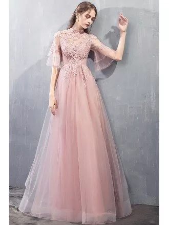 Gorgeous Beaded Pink Long Prom Dress Tulle With Flare Sleeves Beading