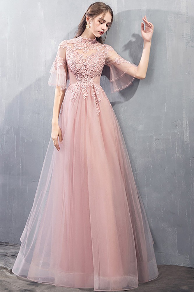 Gorgeous Beaded Pink Long Prom Dress Tulle With Flare Sleeves Beading # ...