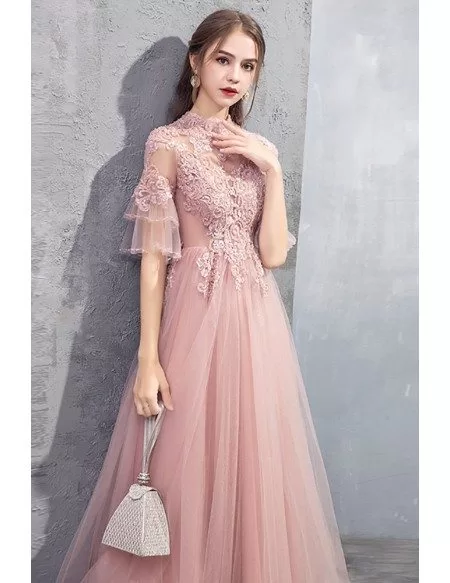 Gorgeous Beaded Pink Long Prom Dress Tulle With Flare Sleeves Beading # ...