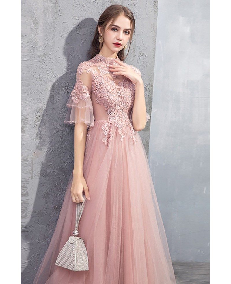 Gorgeous Beaded Pink Long Prom Dress Tulle With Flare Sleeves