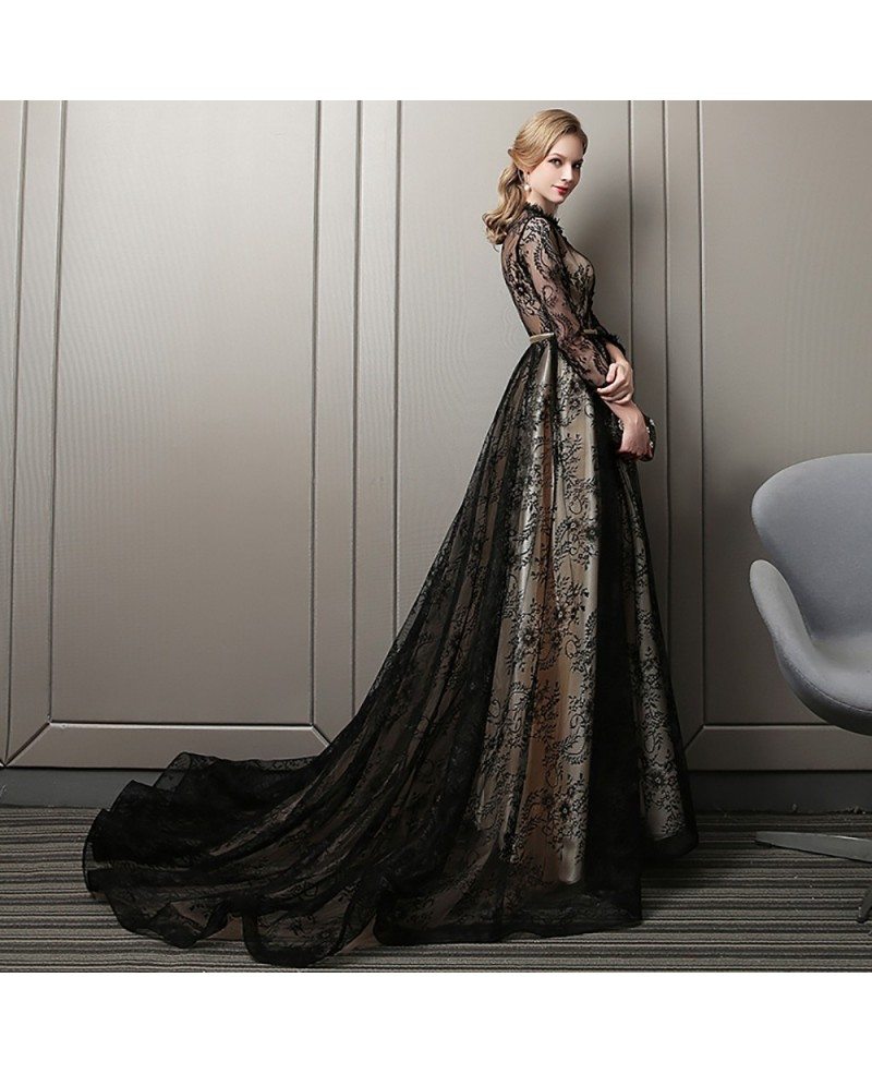 Vogue Long Black Lace Prom Dress With Sheer Long Sleeves #DM69086