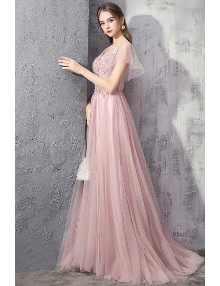 Fairy Long Train Pink Tulle Prom Dress With Puffy Sleeves Vneck