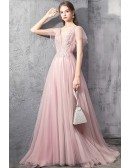 Fairy Long Train Pink Tulle Prom Dress With Puffy Sleeves Vneck