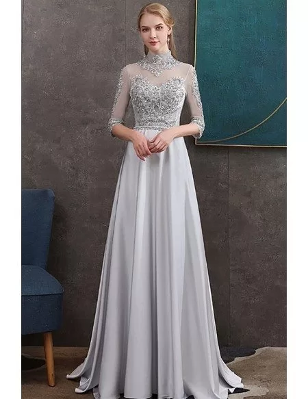 Beaded High Neck Long Grey Satin Formal Dress Elegant With Sheer Half Sleeves