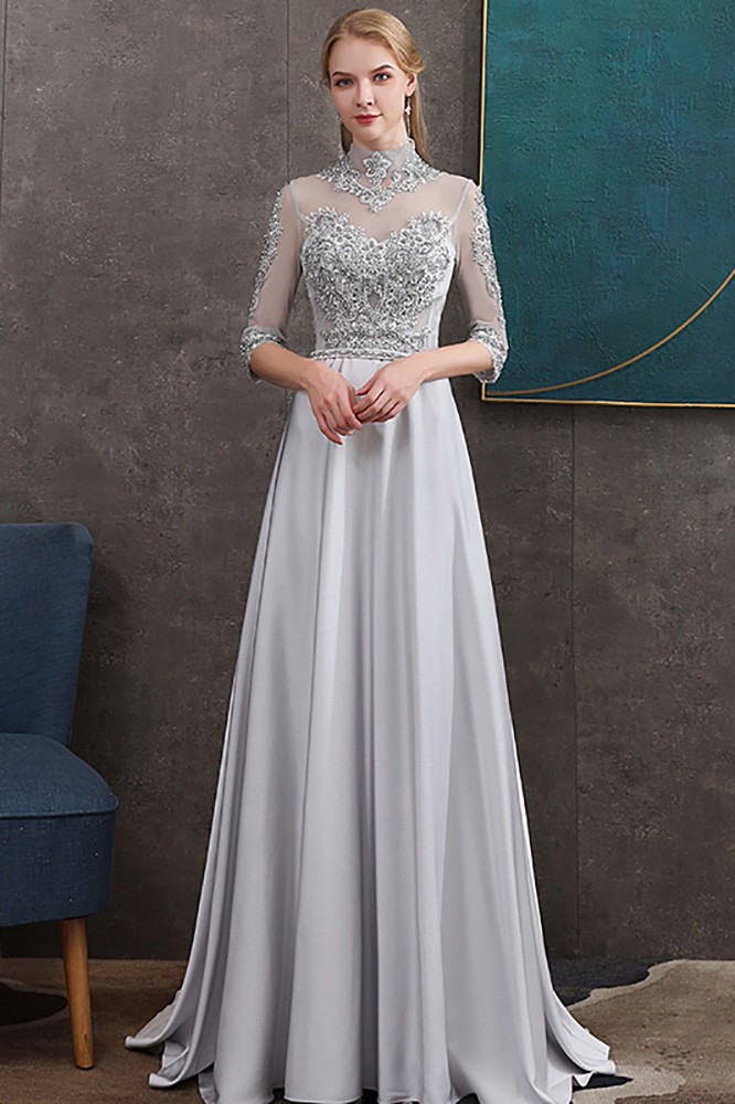 Beaded High Neck Long Grey Satin Formal Dress Elegant With Sheer Half ...