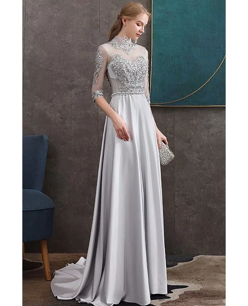 Beaded High Neck Long Grey Satin Formal Dress Elegant With Sheer Half Sleeves Dm69024 9880