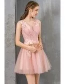 Pretty Beaded Lace Short Pink Prom Party Dress For Juniors