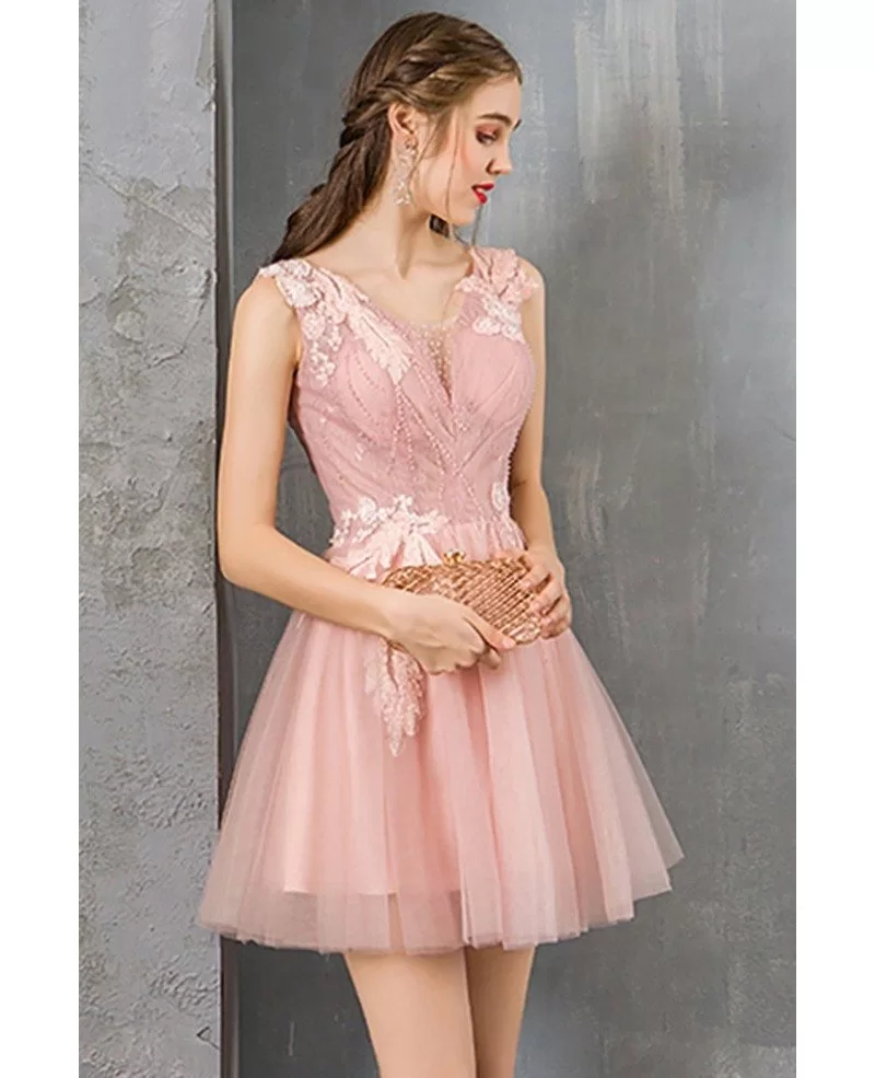 Pretty Beaded Lace Short Pink Prom Party Dress For Juniors DM69060