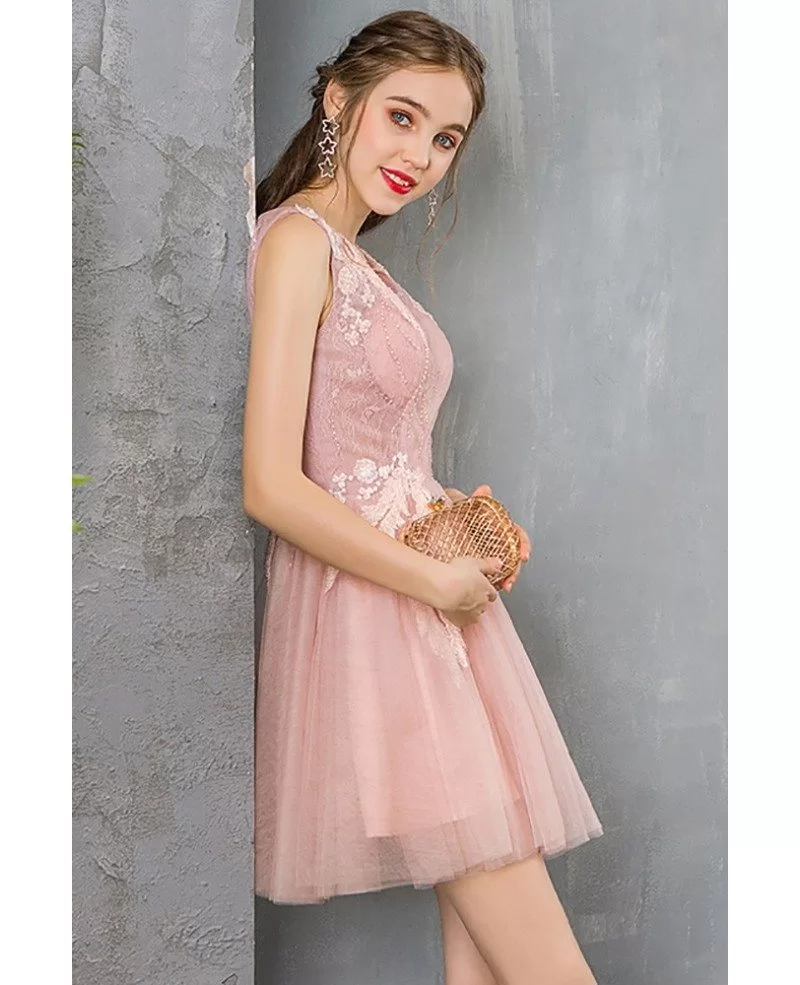 Pretty Beaded Lace Short Pink Prom Party Dress For Juniors Dm69060