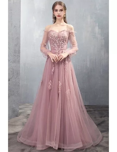 Long Tulle Rose Pink Prom Dress Off Shoulder With Appliques #DM69040 ...