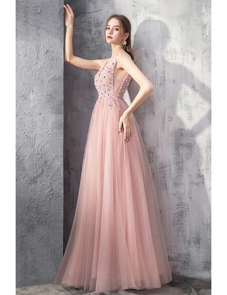 Beaded Flowy Long Tulle Pink Prom Dress Vneck With Bling Sequins