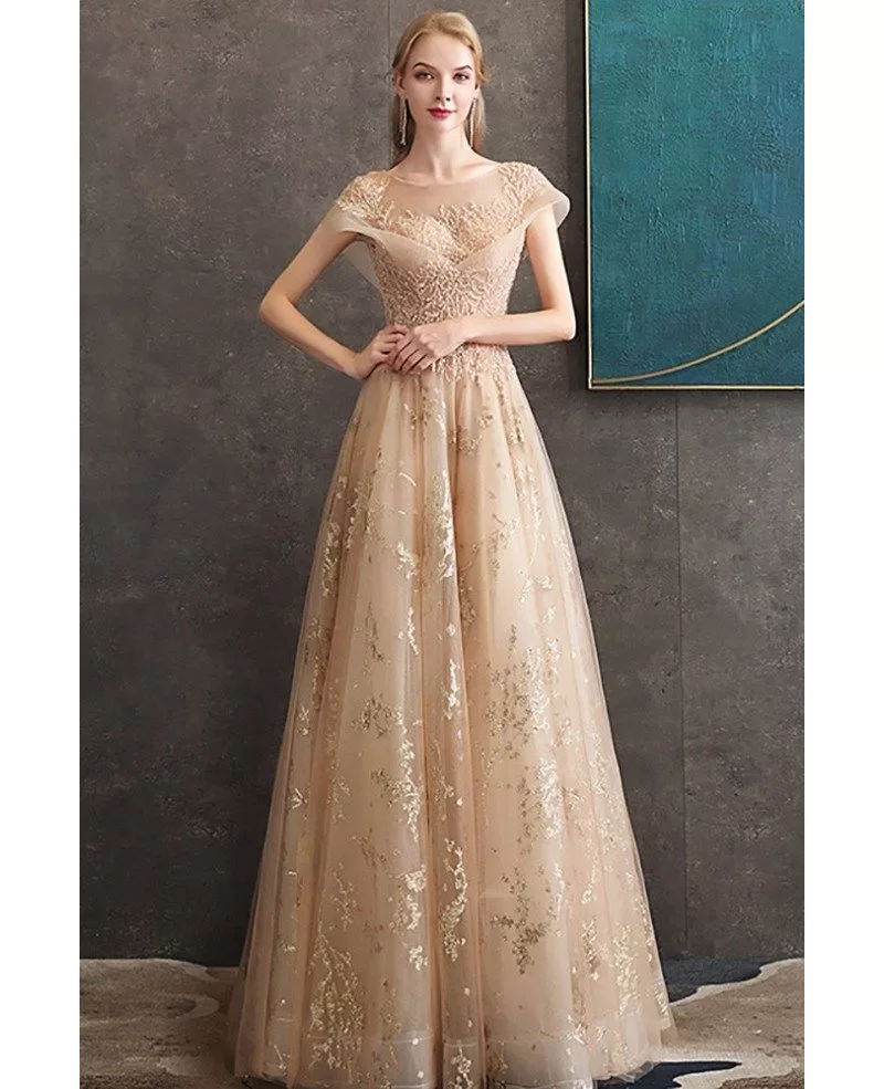 Luxury Champagne Gold Sequined Long Formal Prom Dress With Sparkly