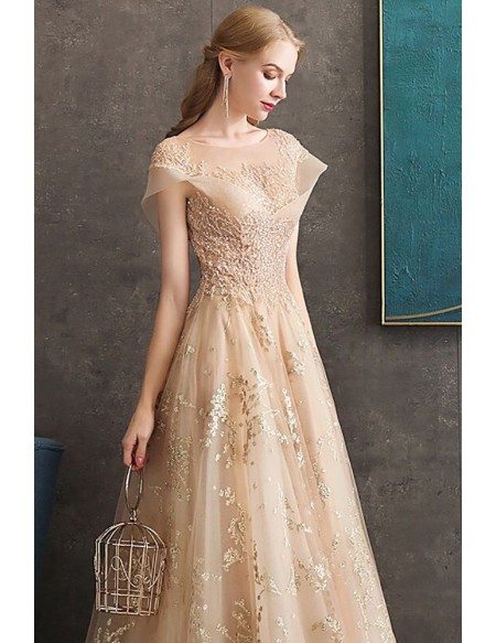Luxury Champagne Gold Sequined Long Formal Prom Dress With Sparkly Sequins