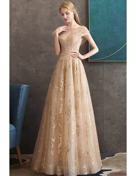 Luxury Champagne Gold Sequined Long Formal Prom Dress With Sparkly Sequins