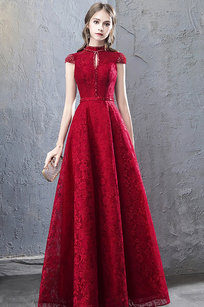 Beaded Cap Sleeves Full Lace Long Party Dress Burgundy For Formal # ...