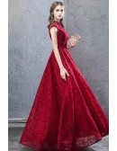 Beaded Cap Sleeves Full Lace Long Party Dress Burgundy For Formal