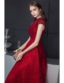 Beaded Cap Sleeves Full Lace Long Party Dress Burgundy For Formal