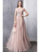 Unique Luxe Pleated Pink Tulle Long Prom Dress Modest With Cap Sleeves