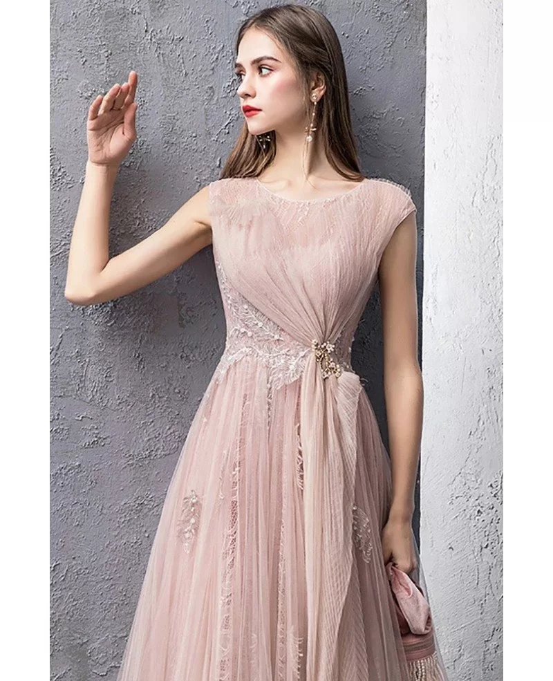 Unique Luxe Pleated Pink Tulle Long Prom Dress Modest With Cap Sleeves ...