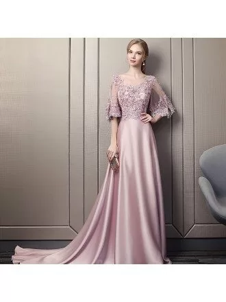Noble Long Train Satin Evening Dress With Puffy Beaded Sleeves