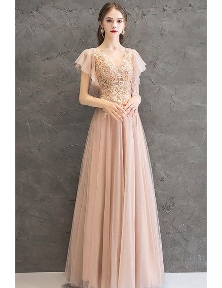 Gorgeous Puffy Sleeves Fairy Prom Dress Pink With Hand Beading