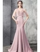 Luxury Mermaid Pink Formal Dress With Beaded Cape Sleeves