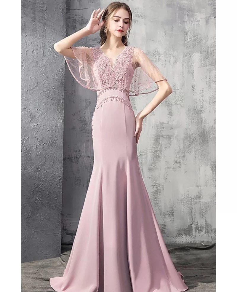 Luxury Mermaid Pink Formal Dress With Beaded Cape Sleeves #DM69053 ...