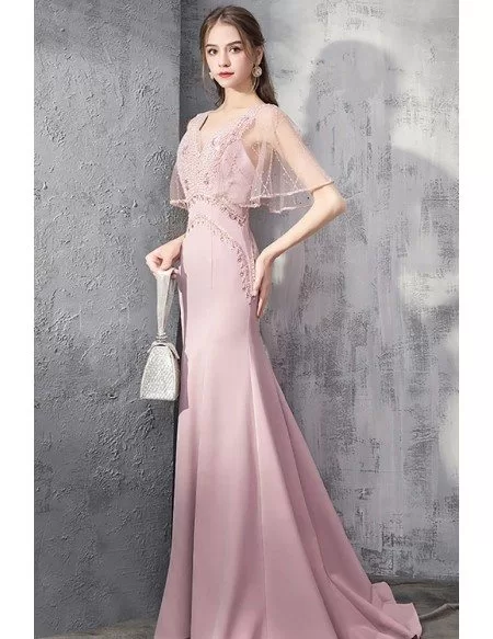 Luxury Mermaid Pink Formal Dress With Beaded Cape Sleeves #DM69053 ...