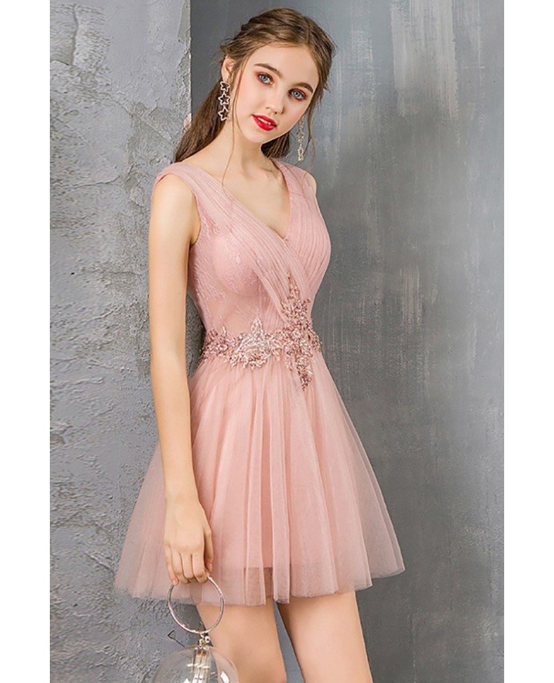 Pretty Short Tulle Pink Prom Dress Cute Pleated Vneck 
