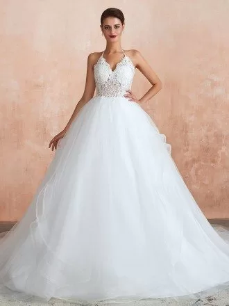 Modern Backless See-through Lace Tulle Ball Gown Wedding Dress With Halter Strap