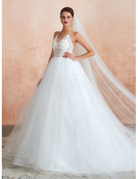 Modern Backless See-through Lace Tulle Ball Gown Wedding Dress With ...