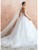 Modern Backless See-through Lace Tulle Ball Gown Wedding Dress With Halter Strap