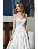 High Quality White Satin Wedding Dress Off Shoulder Straps With Train