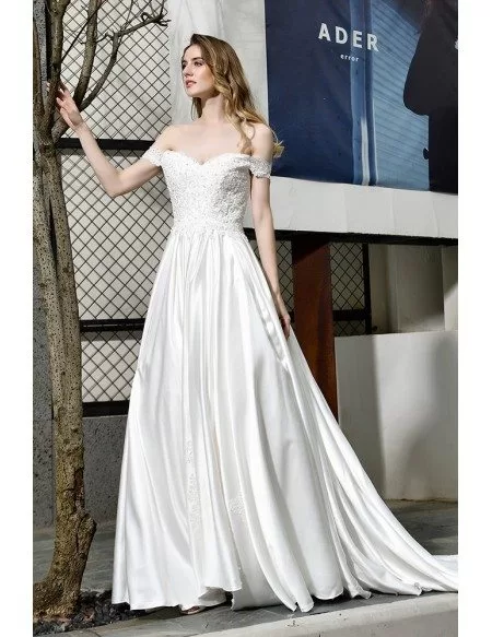 High Quality White Satin Wedding Dress Off Shoulder Straps With Train