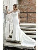 High-end Fitted Mermaid Satin Wedding Dress With Beaded Cap Sleeves Long Train