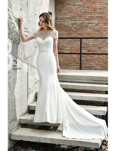 High-end Fitted Mermaid Satin Wedding Dress With Beaded Cap Sleeves Long Train