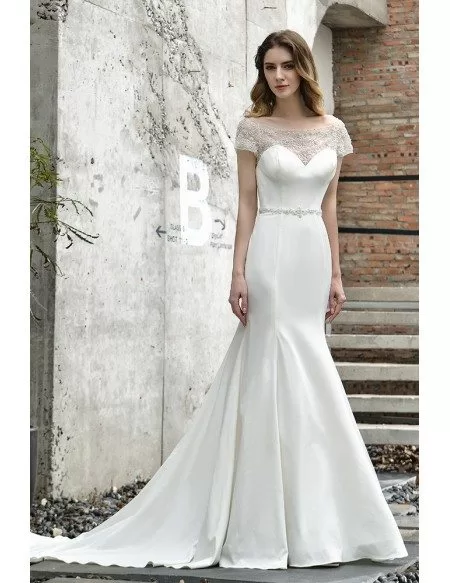 High-end Fitted Mermaid Satin Wedding Dress With Beaded Cap Sleeves ...