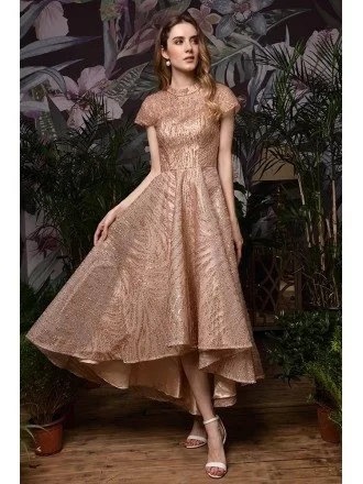 Vintage Sparkly Rose Gold Sequins High Low Formal Dress With Cap Sleeves