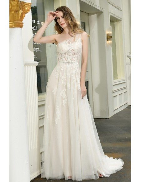 Gorgeous Long Tulle Beach Wedding Dress Lace One Shoulder With Sweep Train