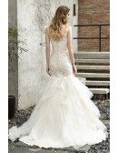 Celebrities Vneck Lace Wedding Dress With Beautiful Ruffles Train