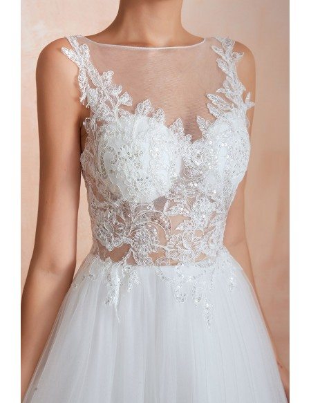 Affordable Sleeveless Long Tulle Wedding Dress With See-through Lace Top