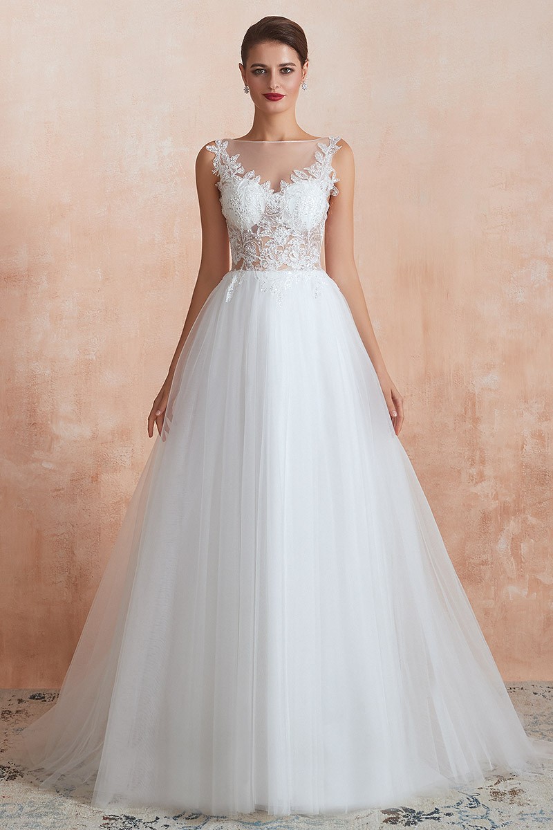 Affordable Sleeveless Long Tulle Wedding Dress With See-through Lace ...