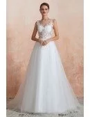 Affordable Sleeveless Long Tulle Wedding Dress With See-through Lace Top