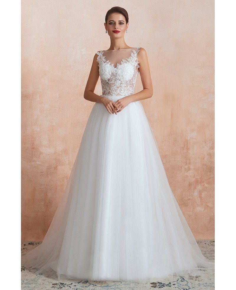 Affordable Sleeveless Long Tulle Wedding Dress With See